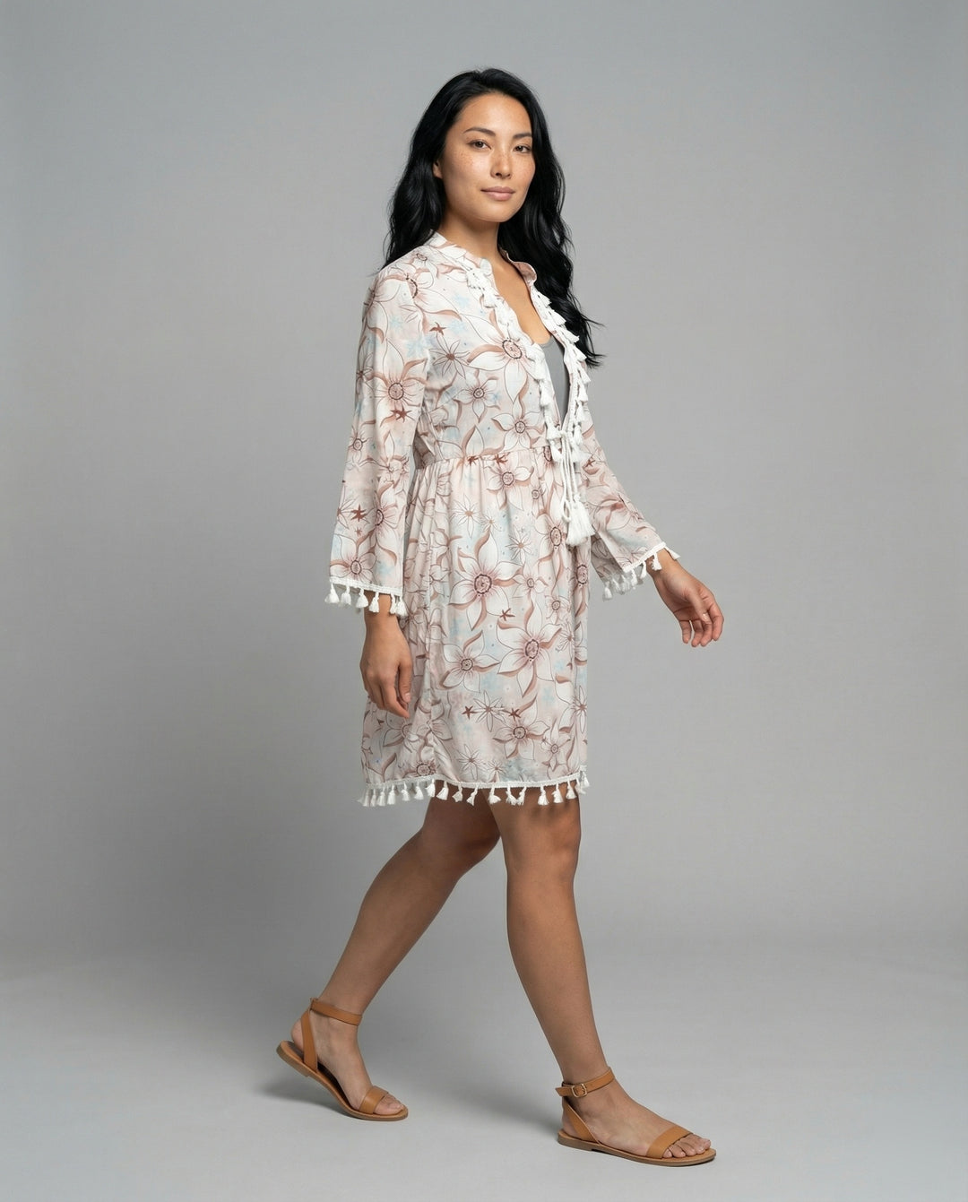 Damen Strandkleid mit hohem Kragen und romantischem Blumenmuster R&B
