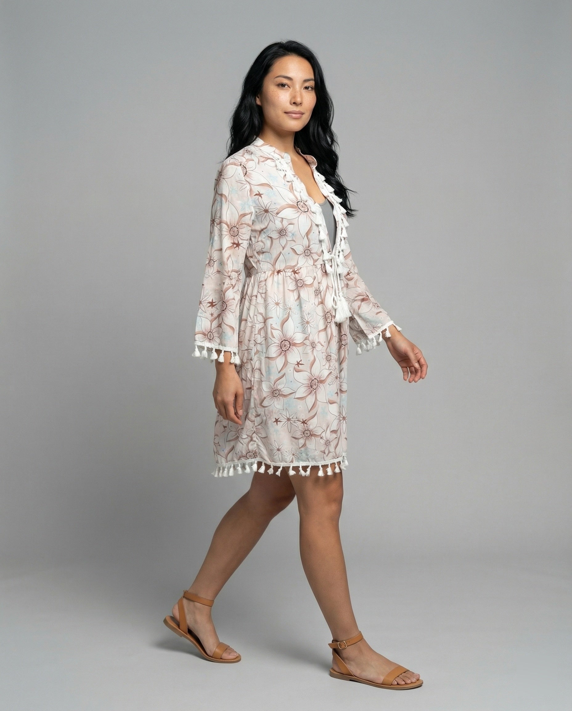Damen Strandkleid mit hohem Kragen und romantischem Blumenmuster R&B