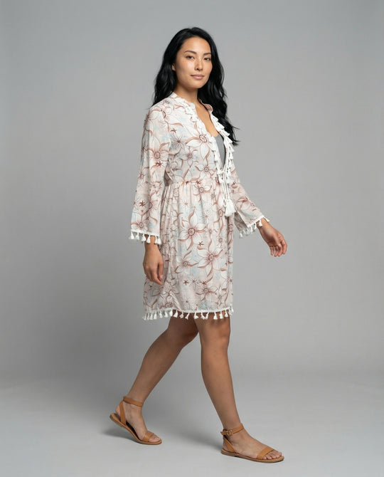 Damen Strandkleid mit hohem Kragen und romantischem Blumenmuster R&B