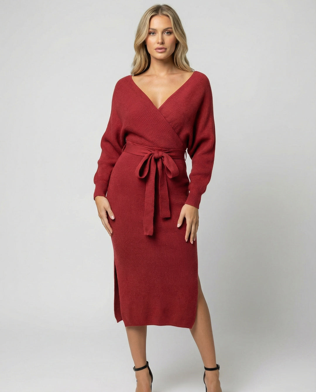 Damen Strickkleid mit elegantem Wickeldesign und dekorativem Gürtel R&B
