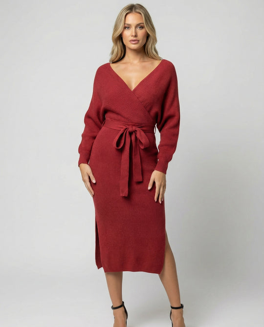 Damen Strickkleid mit elegantem Wickeldesign und dekorativem Gürtel R&B