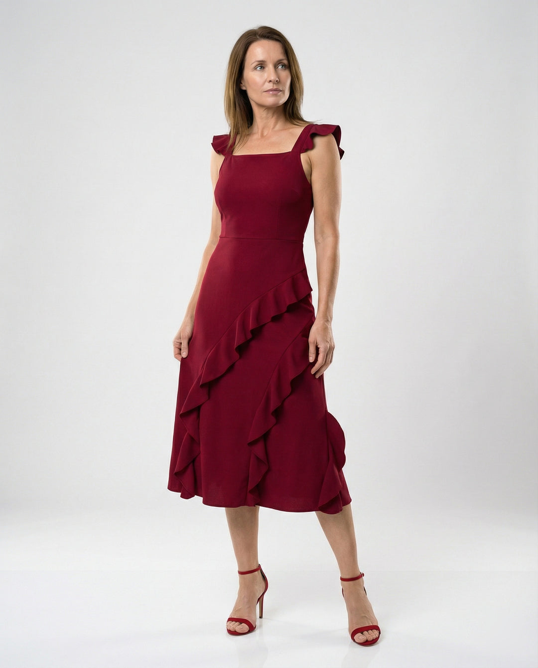 Figurbetontes Midikleid mit asymmetrischem Volant