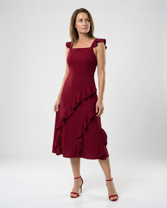Figurbetontes Midikleid mit asymmetrischem Volant