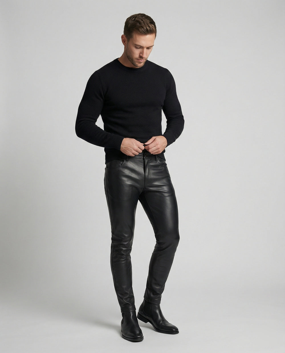 Herren Kunstleder Hose Slim Fit
