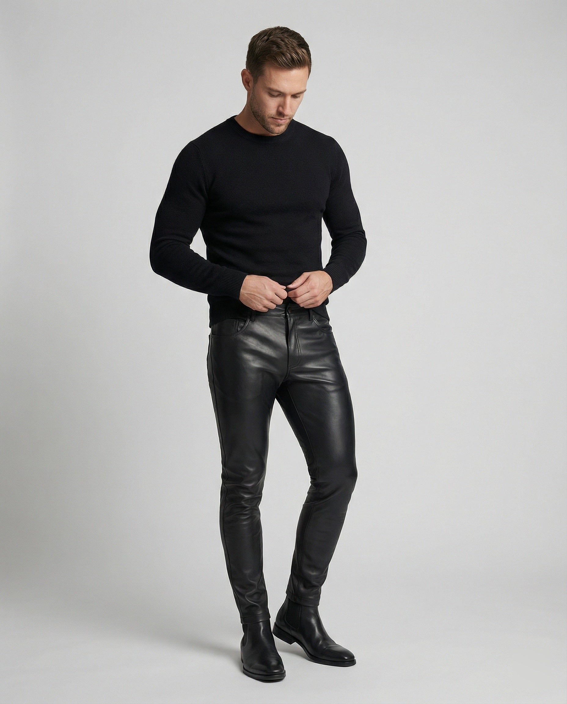 Herren Kunstleder Hose Slim Fit