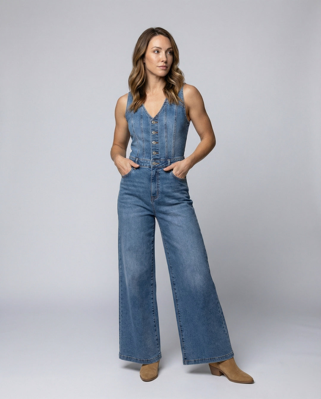 Damen Jumpsuit mit weit geschnittenen Beinen und eleganter Knopfleiste R&B