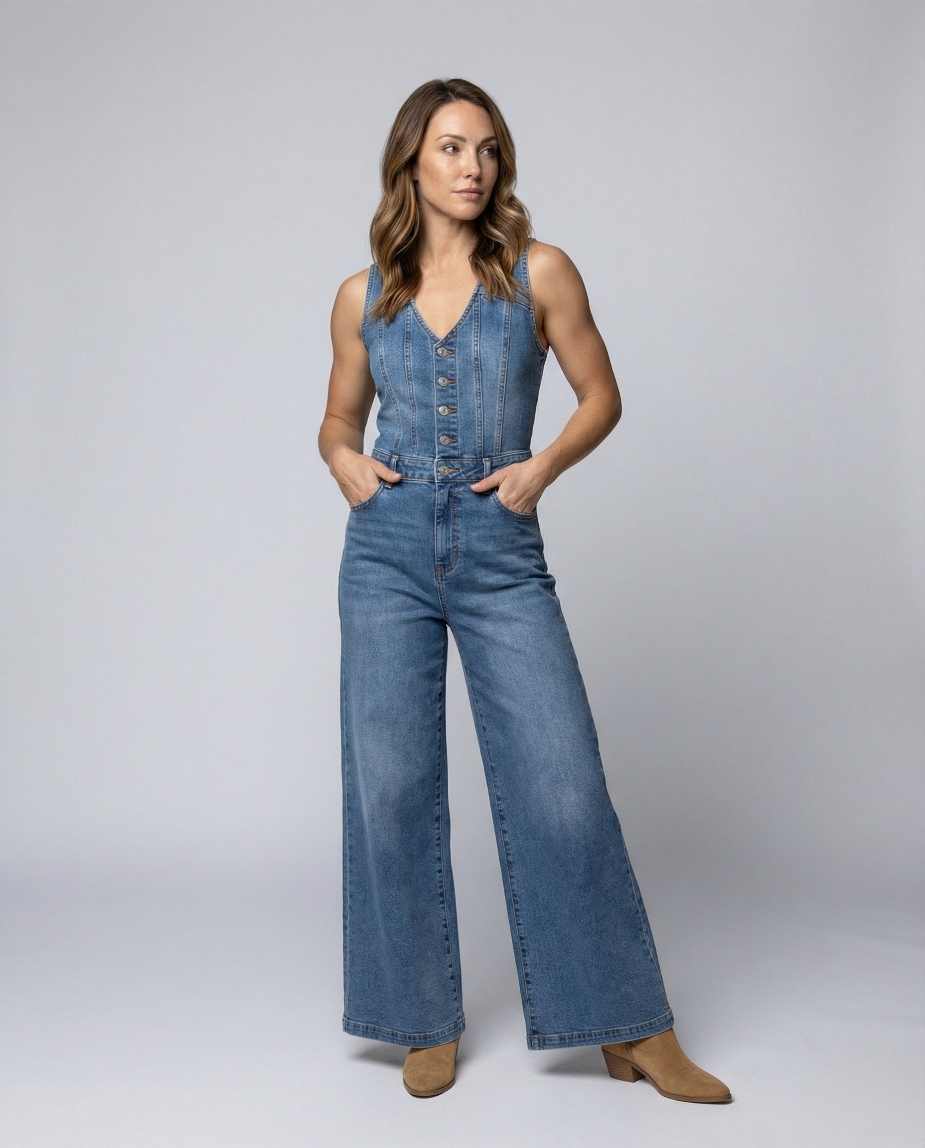 Damen Jumpsuit mit weit geschnittenen Beinen und eleganter Knopfleiste R&B