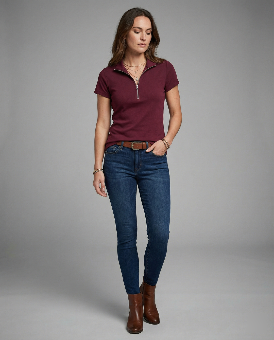 Damen Poloshirt mit kurzem Reißverschluss und figurbetontem Schnitt R&B