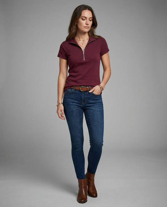 Damen Poloshirt mit kurzem Reißverschluss und figurbetontem Schnitt R&B
