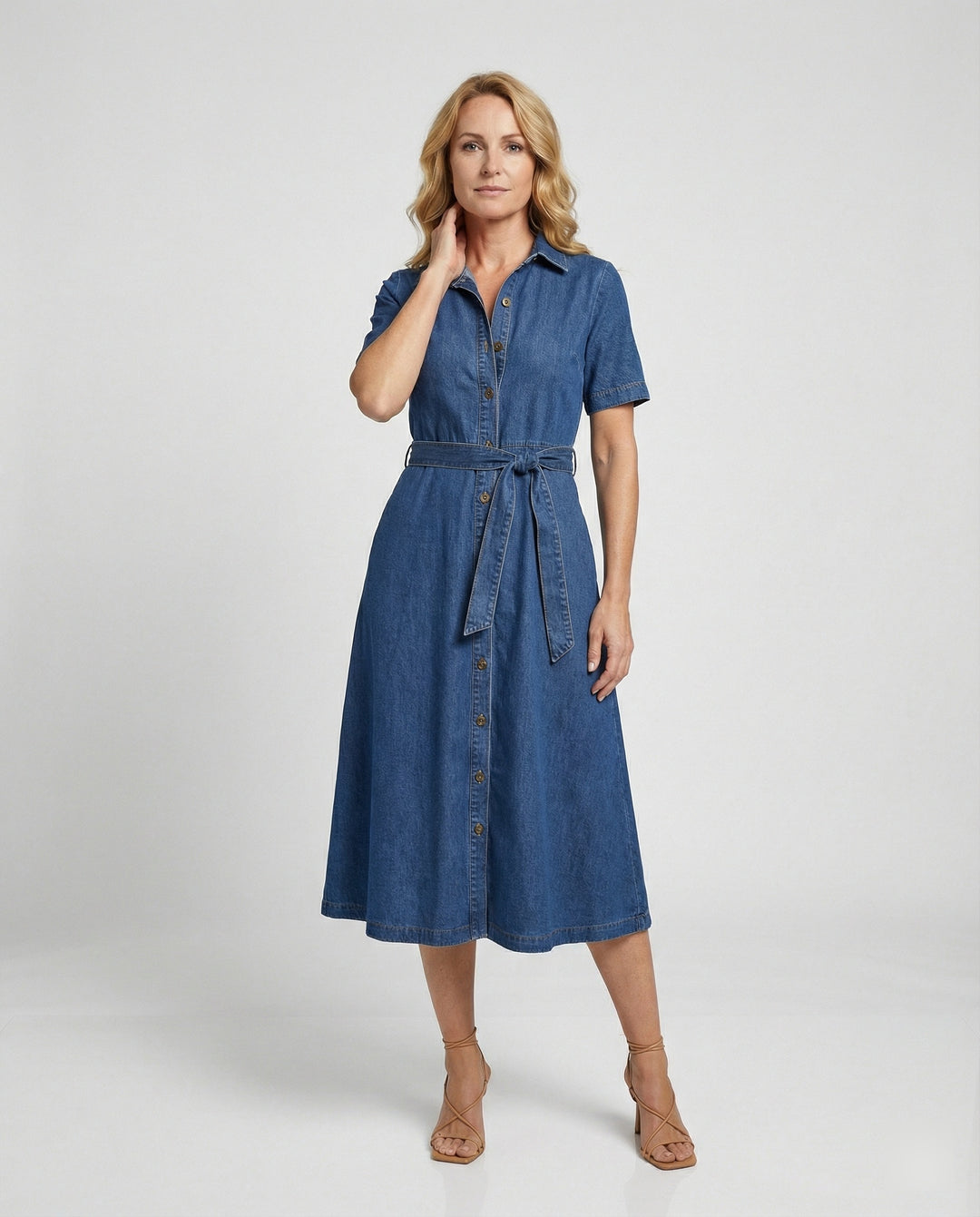 Damen Jeanskleid Midi V-Ausschnitt