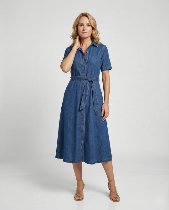Damen Jeanskleid Midi V-Ausschnitt