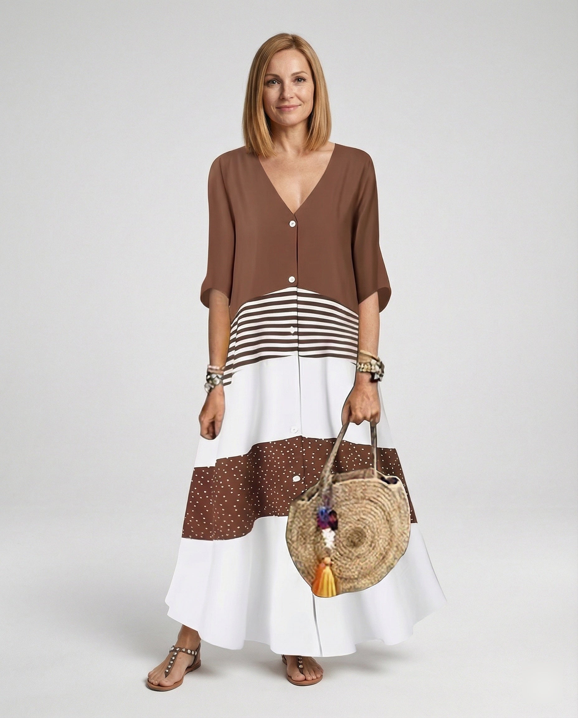 Damen Maxikleid mit Knopfleiste Stufen