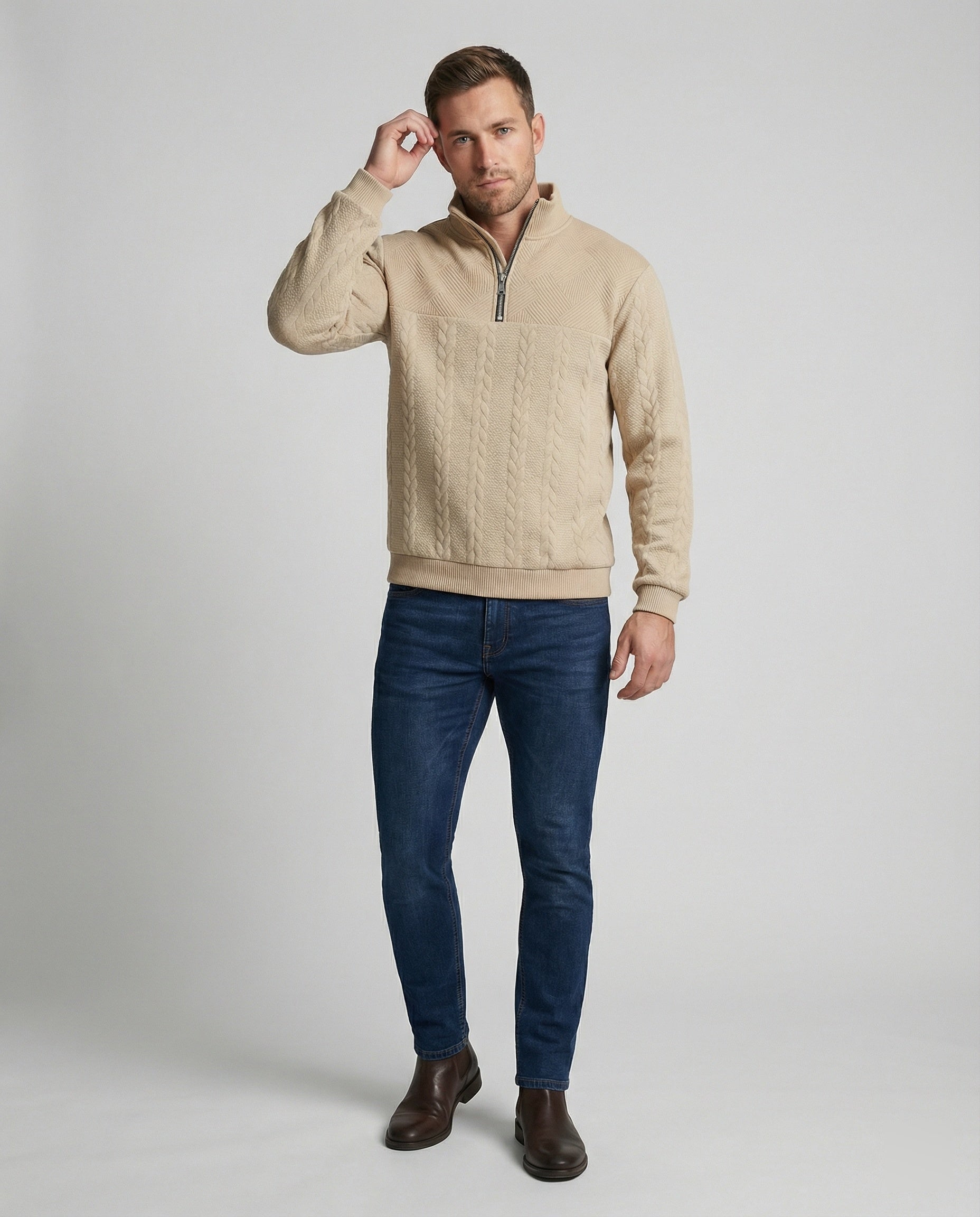Herren Strickpullover mit hohem Kragen und modernem Reißverschluss R&B