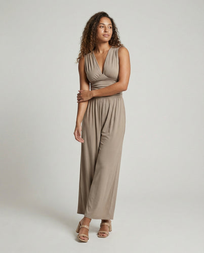 Damen Jumpsuit mit schickem V-Ausschnitt und weitem Bein R&B