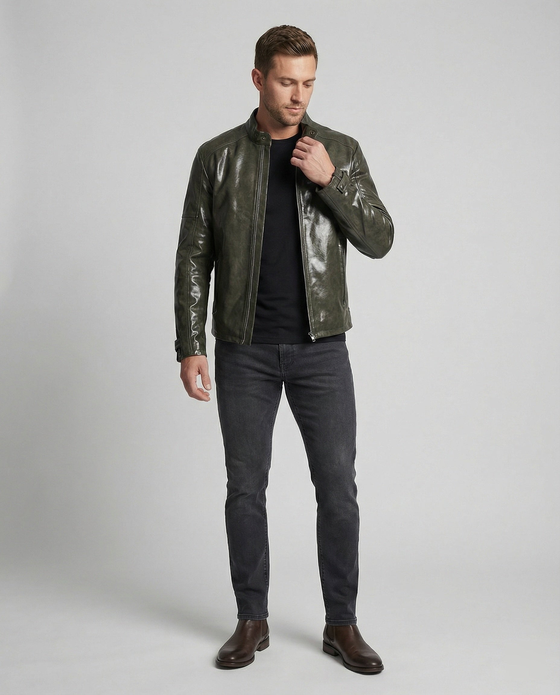 Herren Elegante Lederjacke mit Reißverschlusstaschen
