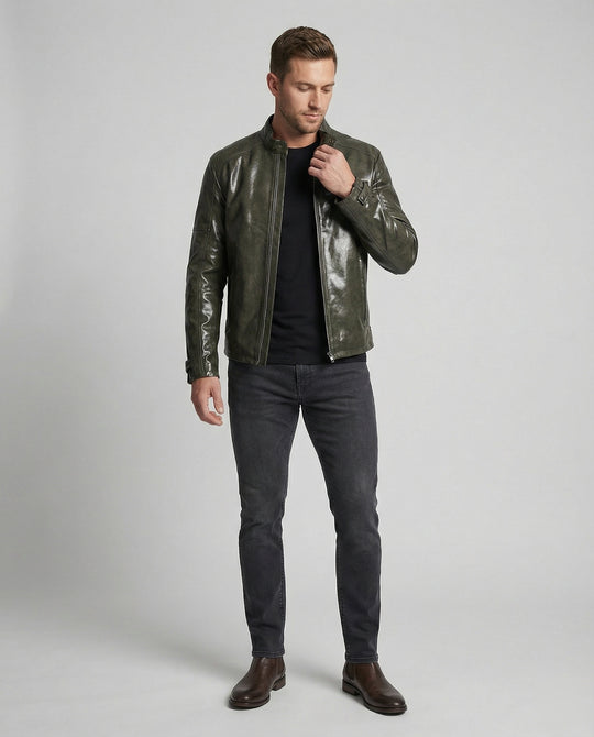 Herren Elegante Lederjacke mit Reißverschlusstaschen