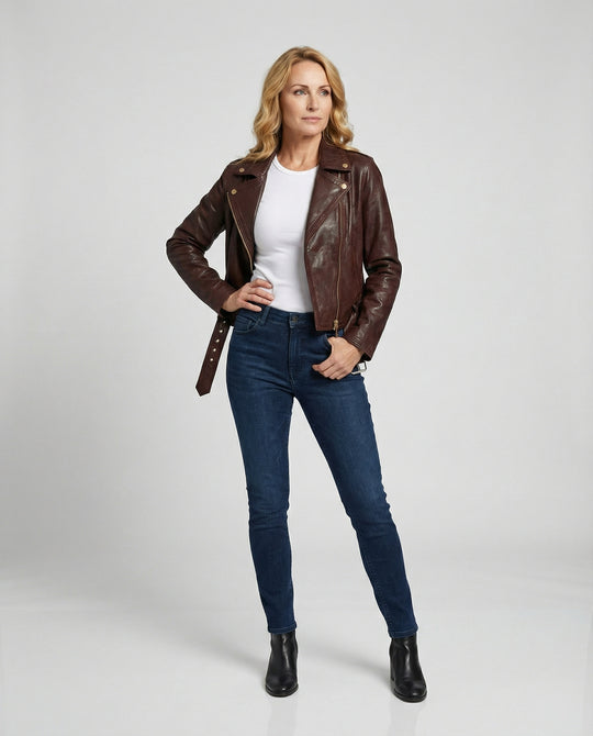 Damen Lederjacke Schwarz tailliert