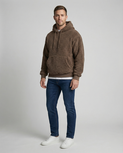 Herren Kuscheliger Teddy-Pullover mit Kapuze und elastischem Bund R&B