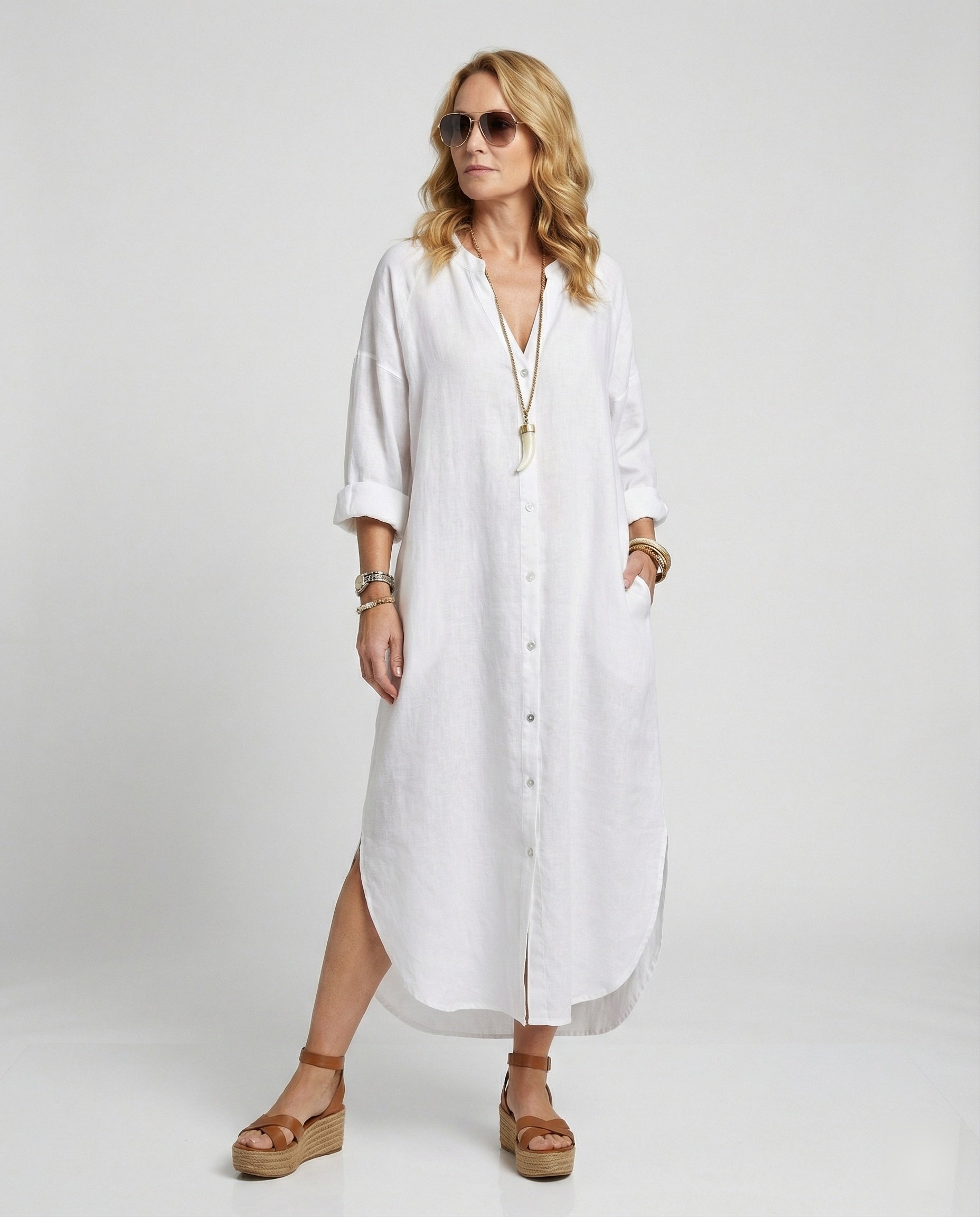 Damen Leinenkleid Kaftan lang