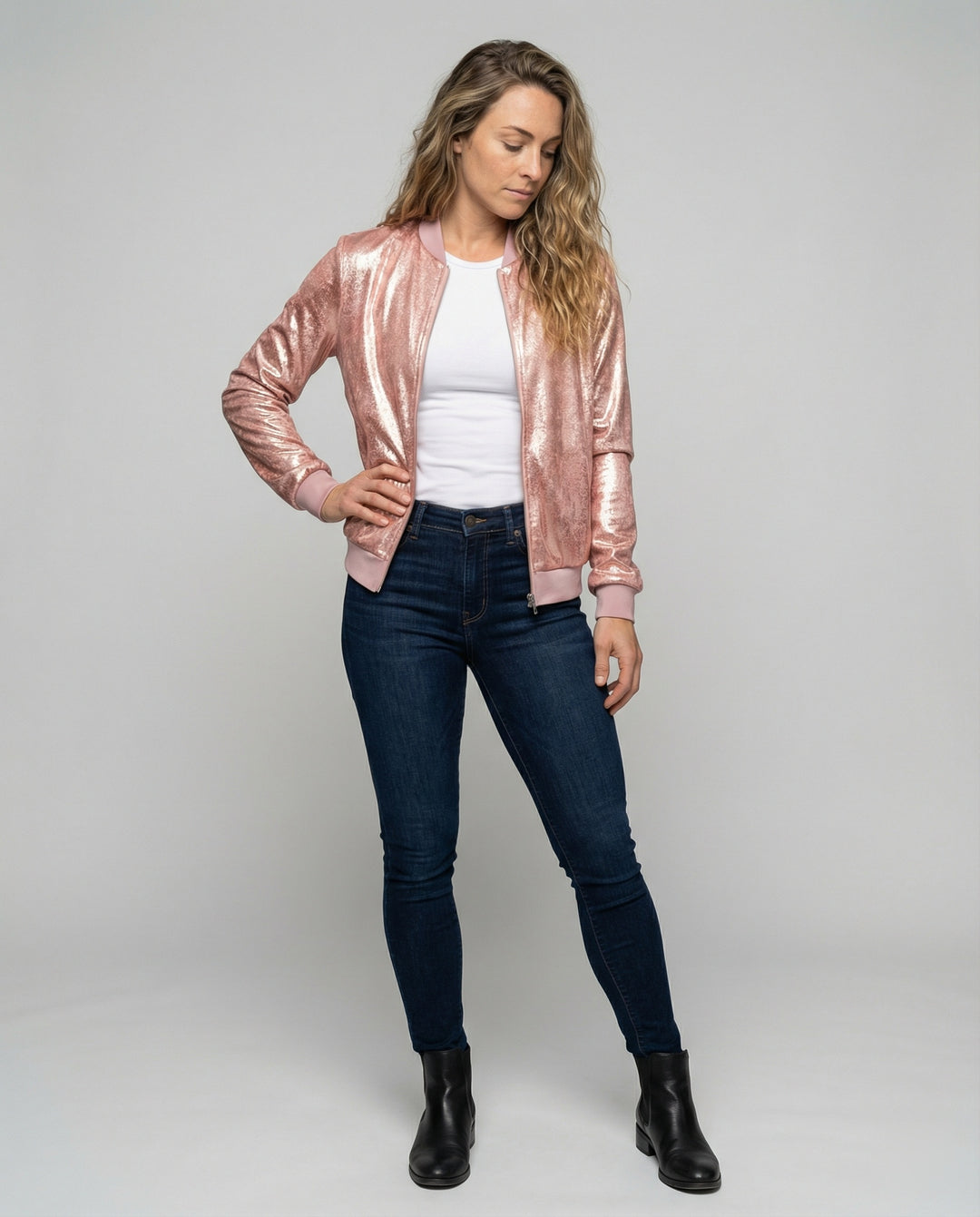 Damen Glänzende Bomberjacke mit Reißverschluss R&B
