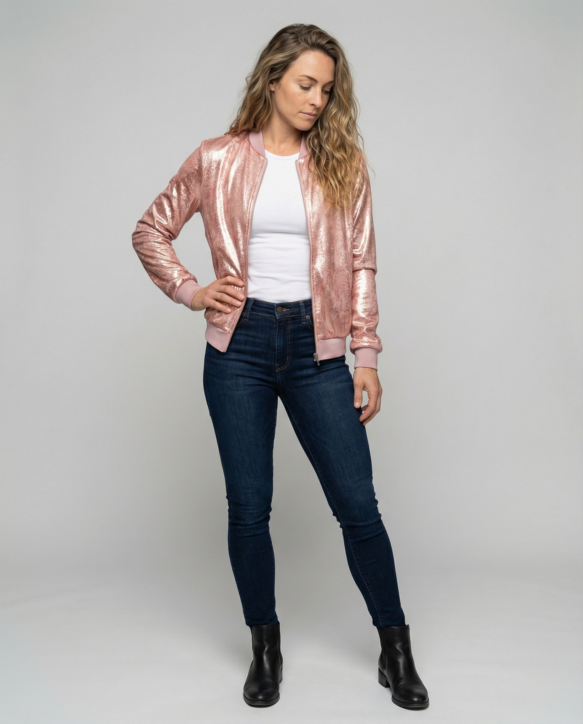 Damen Glänzende Bomberjacke mit Reißverschluss R&B