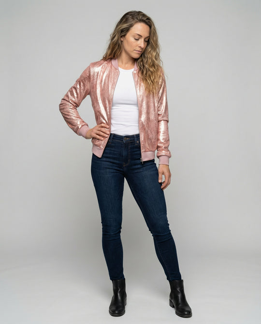 Damen Glänzende Bomberjacke mit Reißverschluss R&B