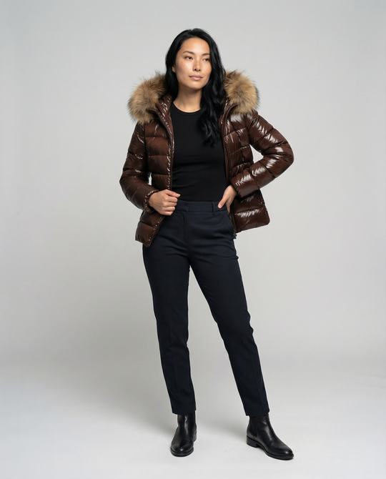 Damen Winterdaunenjacke mit abnehmbarer Kapuze und luxuriösem Fellkragen R&B