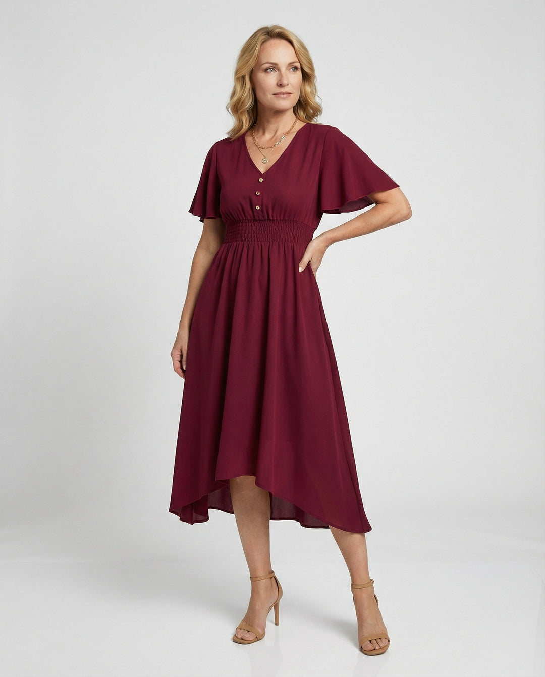 Maxikleid Sommer mit V-Ausschnitt und Flatterärmeln