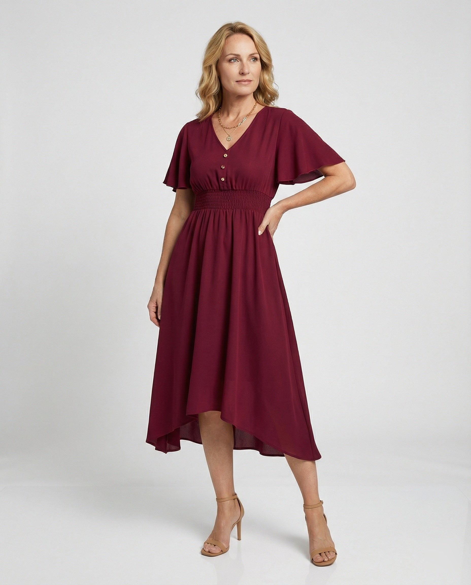 Maxikleid Sommer mit V-Ausschnitt und Flatterärmeln