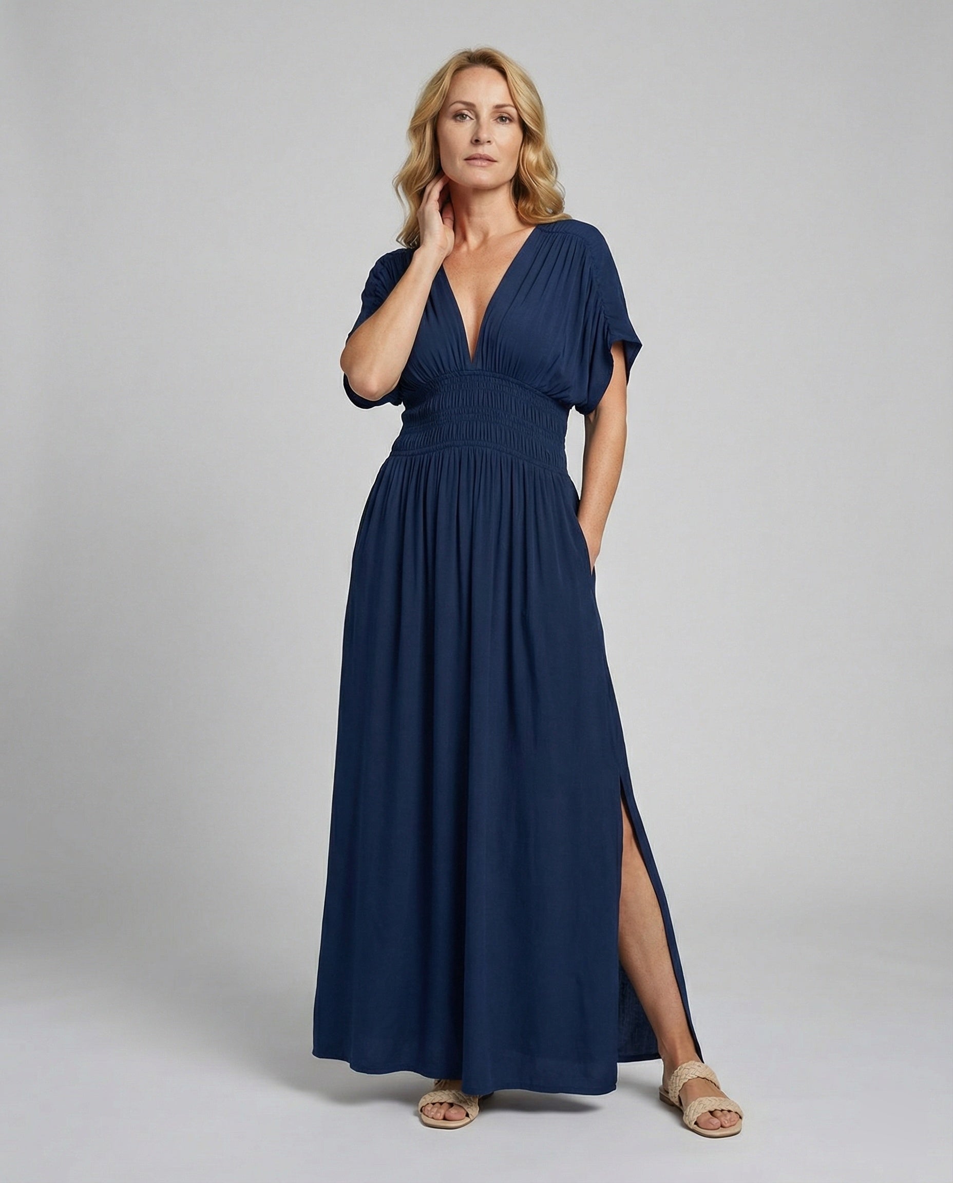 Damen Maxikleid Sommer V-Ausschnitt Schlitz