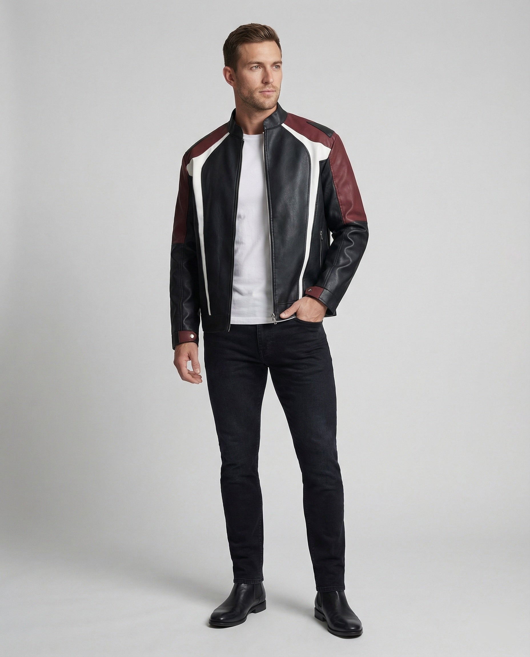 Herren Panel Lederjacke Stehkragen
