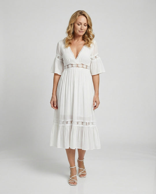 Damen Midikleid Spitze V-Ausschnitt