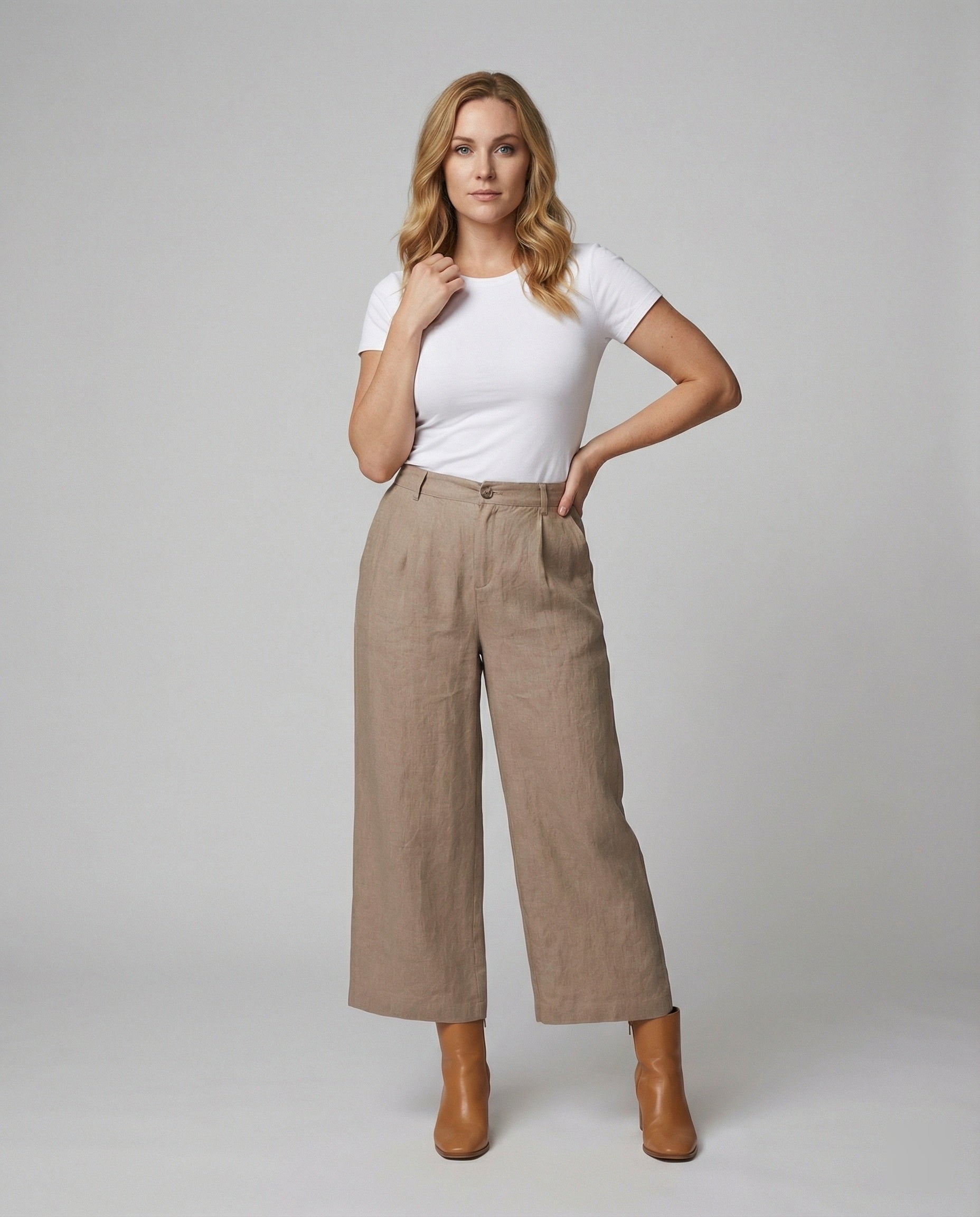 Damen Weite Leinen Stoffhose mit Gummibund und Taschen