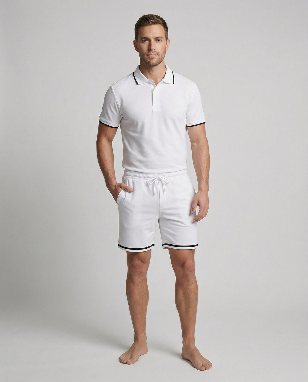 Herren Sportliches Polo- und Shorts-Set mit Kontraststreifen R&B