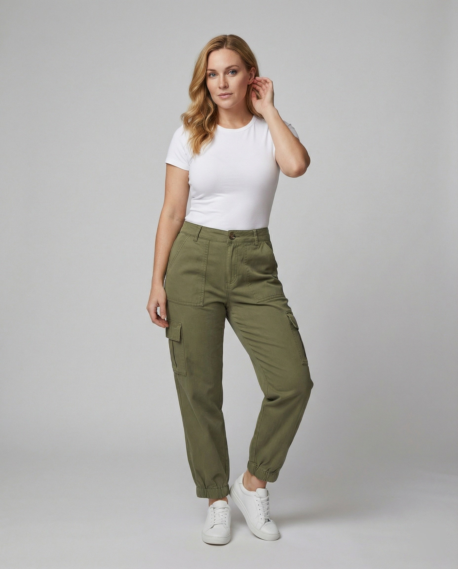 Damen Cargo Stoffhose lässig mit elastischem Bund und Taschen