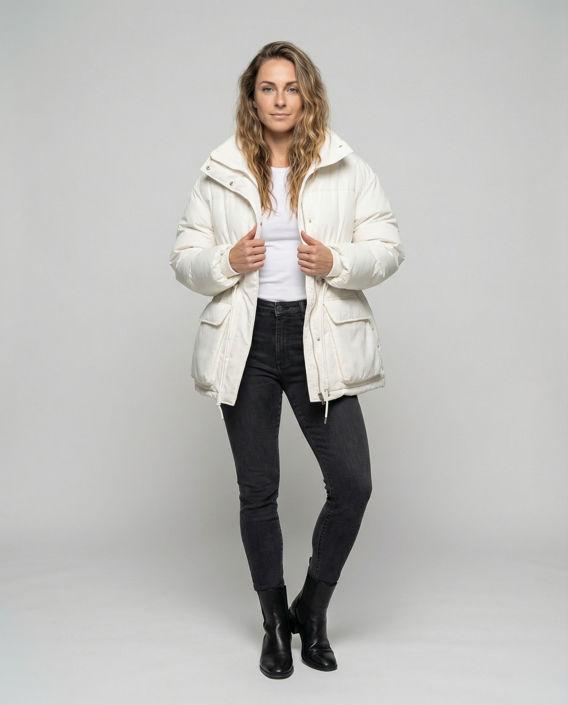 Oversized Daunenjacke Damen mit Taschen und Gürtel