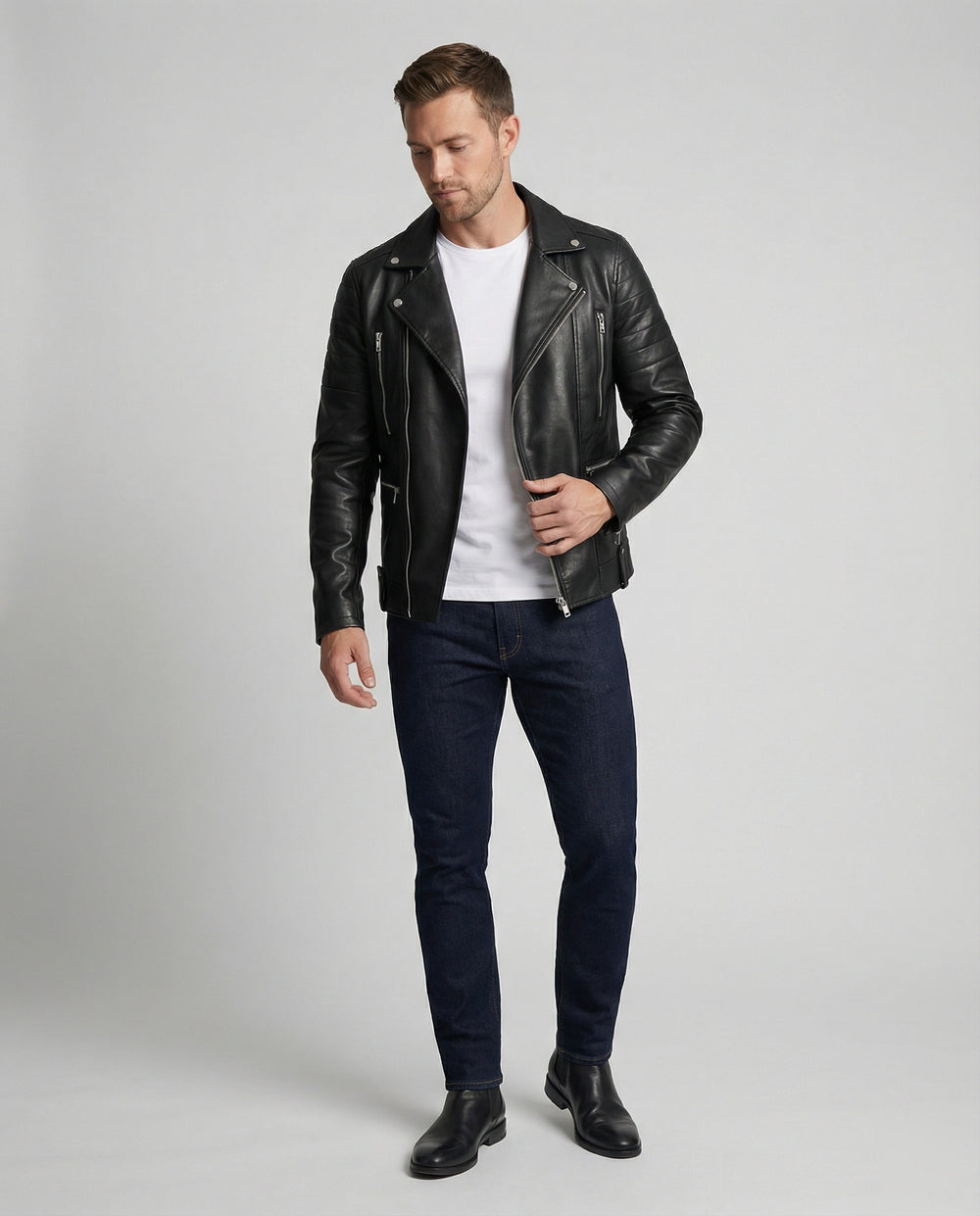 Herren Kunstleder Motorradjacke mit Reißverschluss R&B