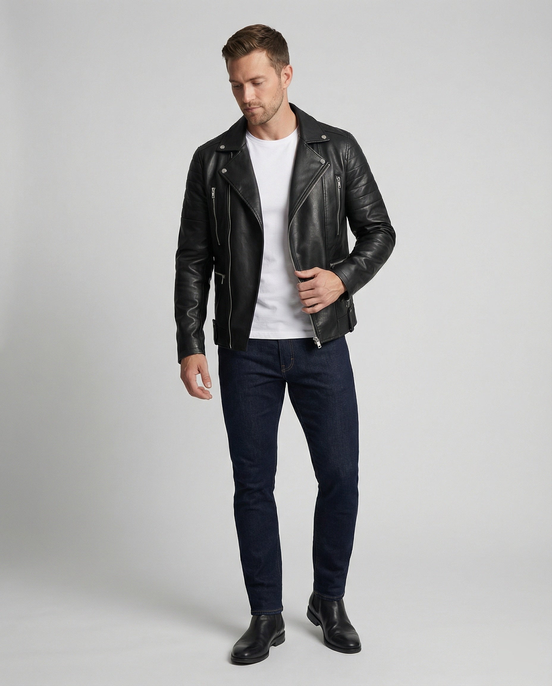 Herren Kunstleder Motorradjacke mit Reißverschluss R&B