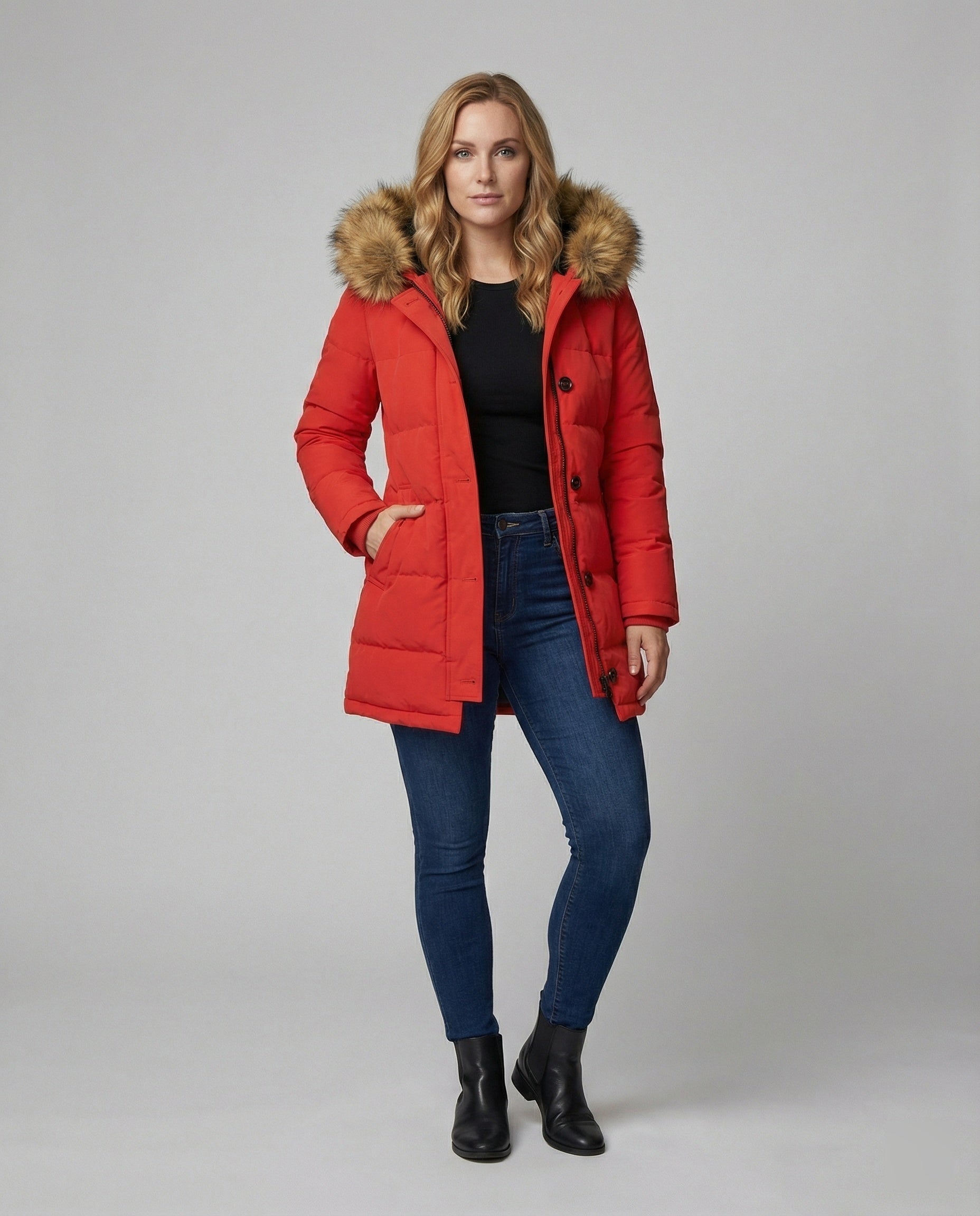 R&B | Slim-Fit Winterparka mit Kunstfellkapuze