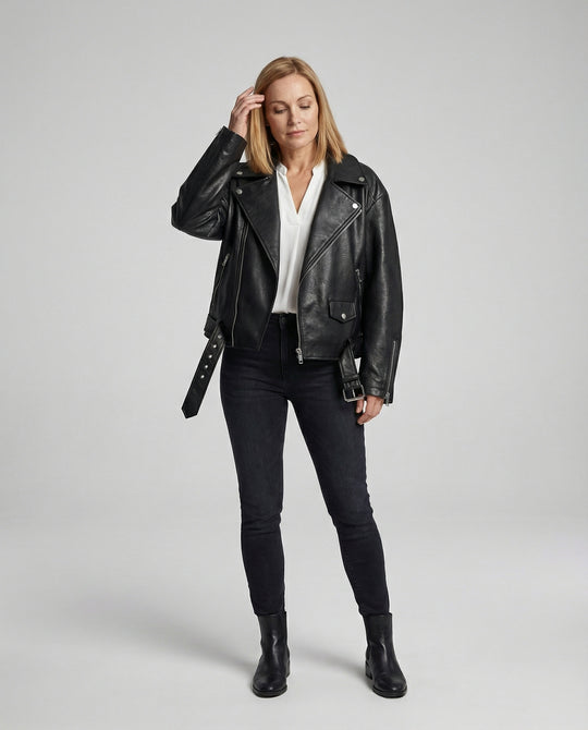 Damen Lederjacke Schwarz Oversize