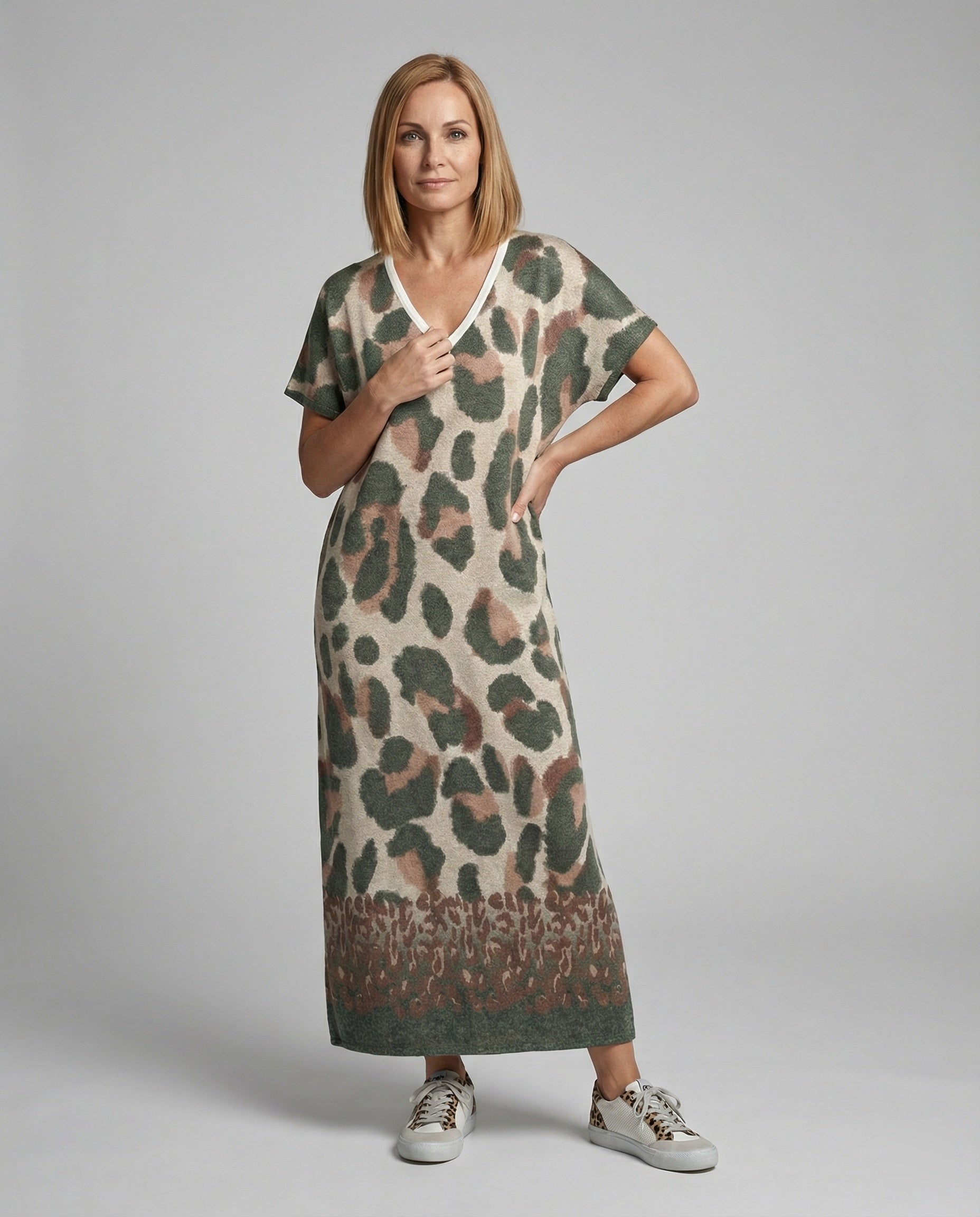 Damen Maxikleid Strick Oversize V-Ausschnitt