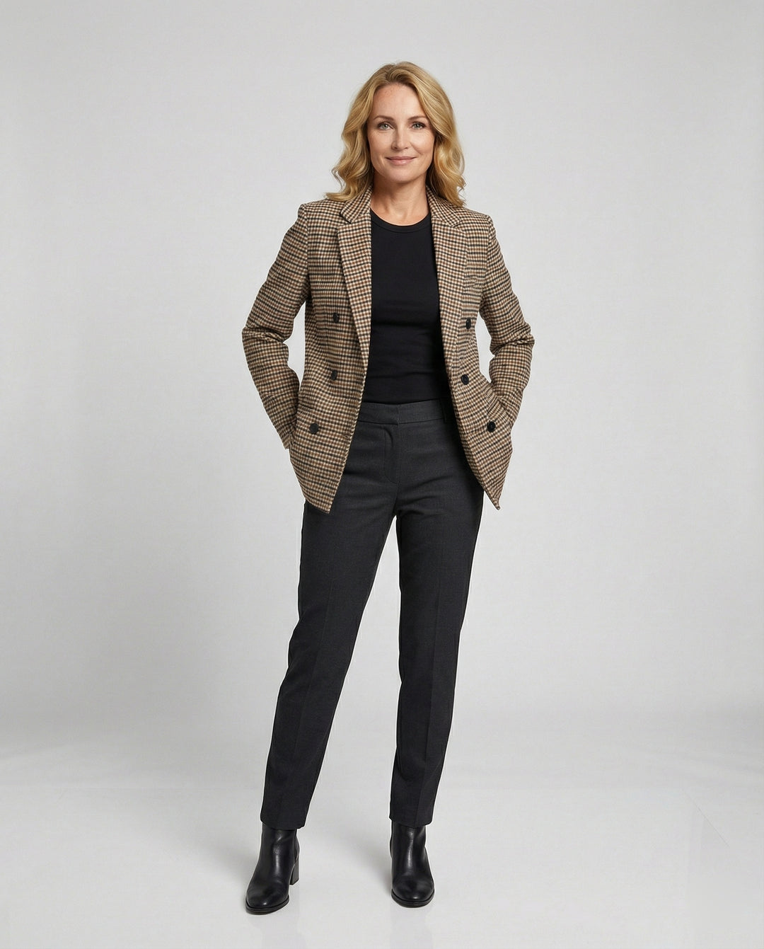 Damen karierte Blazerjacke mit doppelter Knopfleiste
