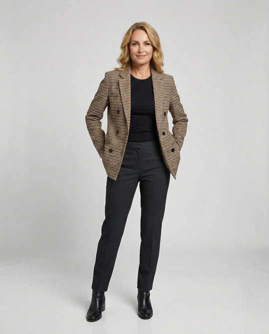 Damen karierte Blazerjacke mit doppelter Knopfleiste