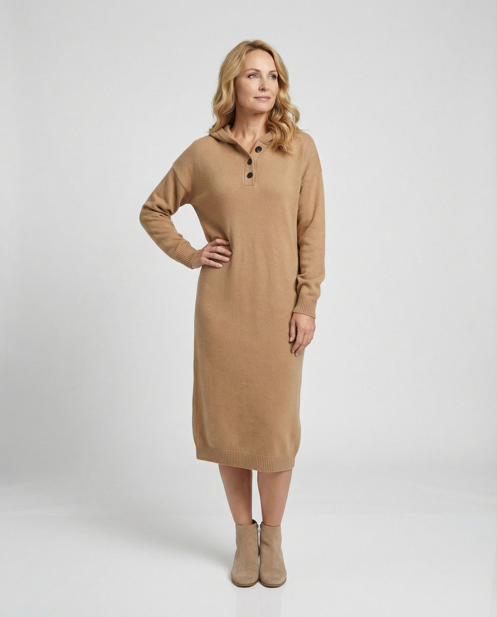 Damen Hoodie-Kleid aus weichem Strickmaterial mit Knopfleiste und Kapuze R&B