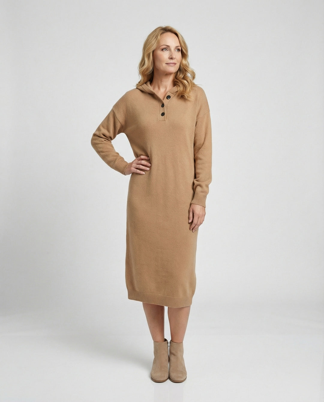 Damen Hoodie-Kleid aus weichem Strickmaterial mit Knopfleiste und Kapuze R&B