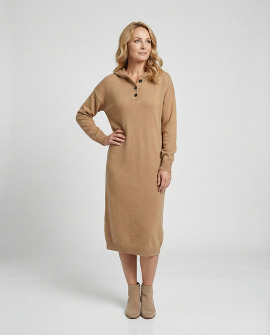 Damen Hoodie-Kleid aus weichem Strickmaterial mit Knopfleiste und Kapuze R&B