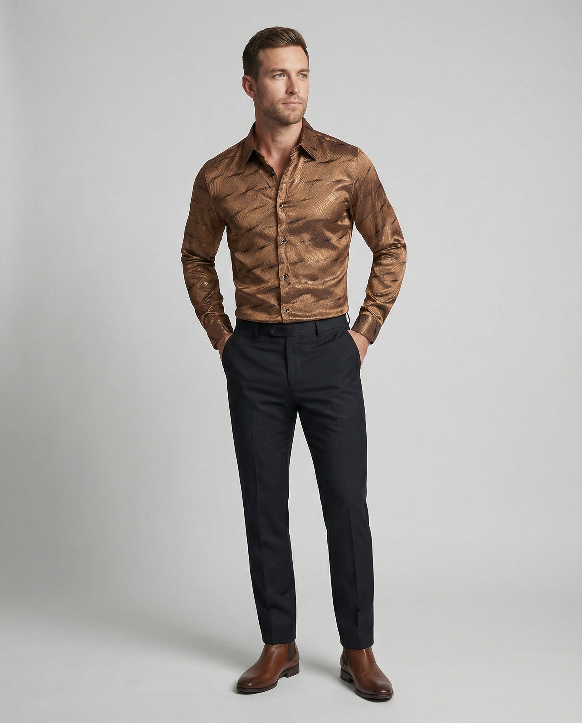 Herren Elegantes Langarmhemd mit modernem Wellenmuster und glänzender Oberfläche