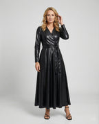 Damen Maxikleid Kunstleder Wickeloptik