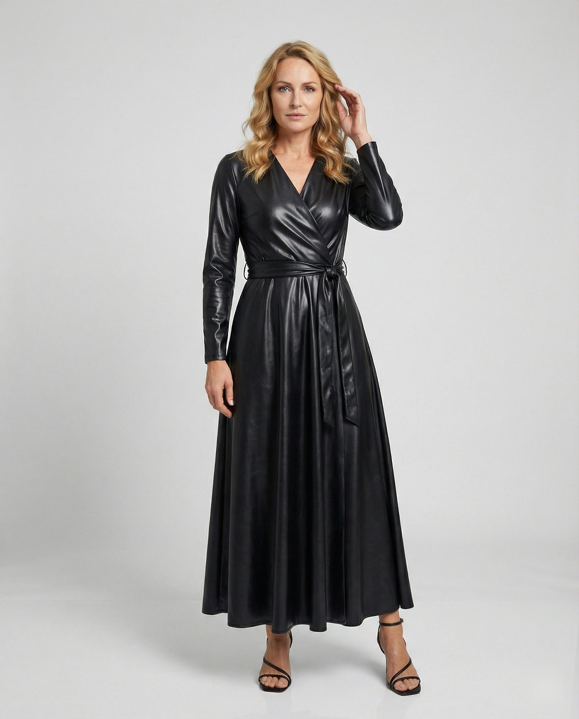 Damen Maxikleid Kunstleder Wickeloptik
