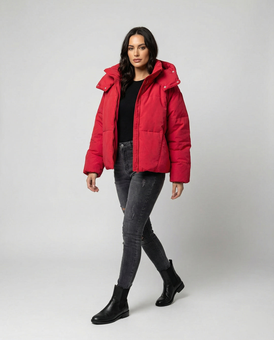 Steppjacke Damen modisch mit abnehmbarer Kapuze und Taschen